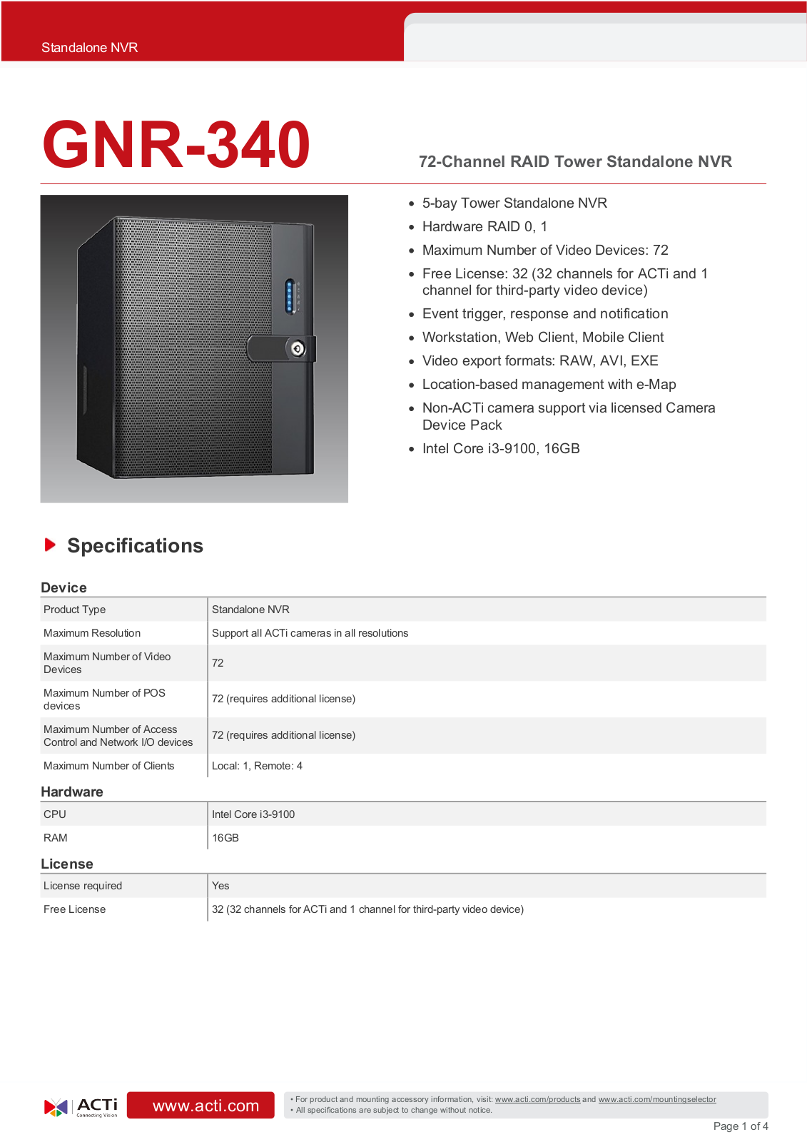 ACTi GNR-340 Specsheet