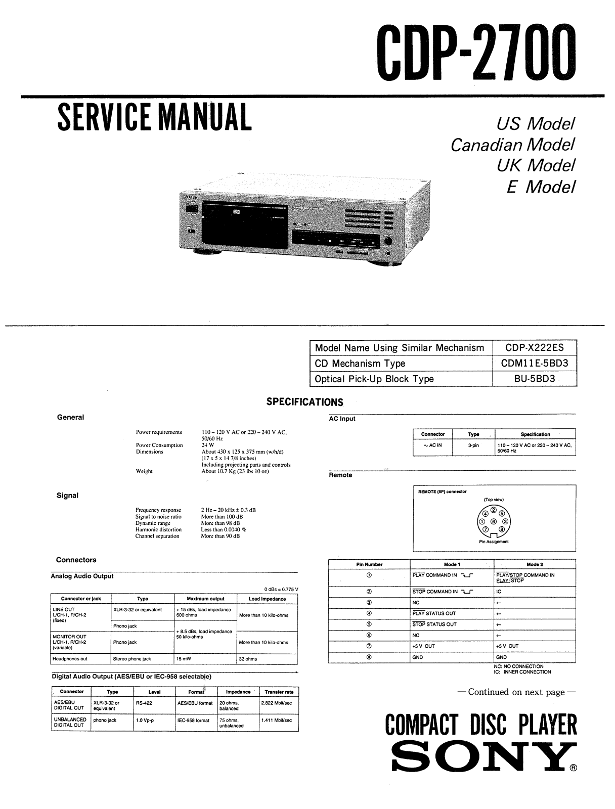 Sony CDP-2700 Service manual