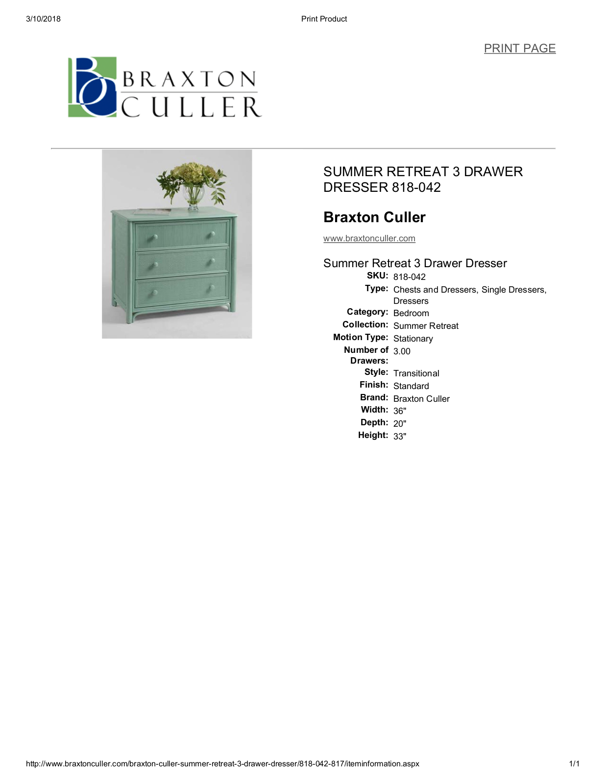 Braxton Culler BXCL1784 Specifications - ManualMachine.com