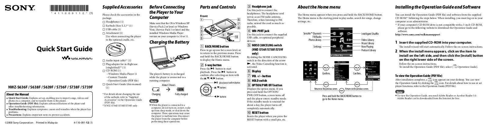 Sony NWZ-S738F, NWZ-S739F, NWZ-S736F, NWZ-S638F, NWZ-S636F Quick Start Guide