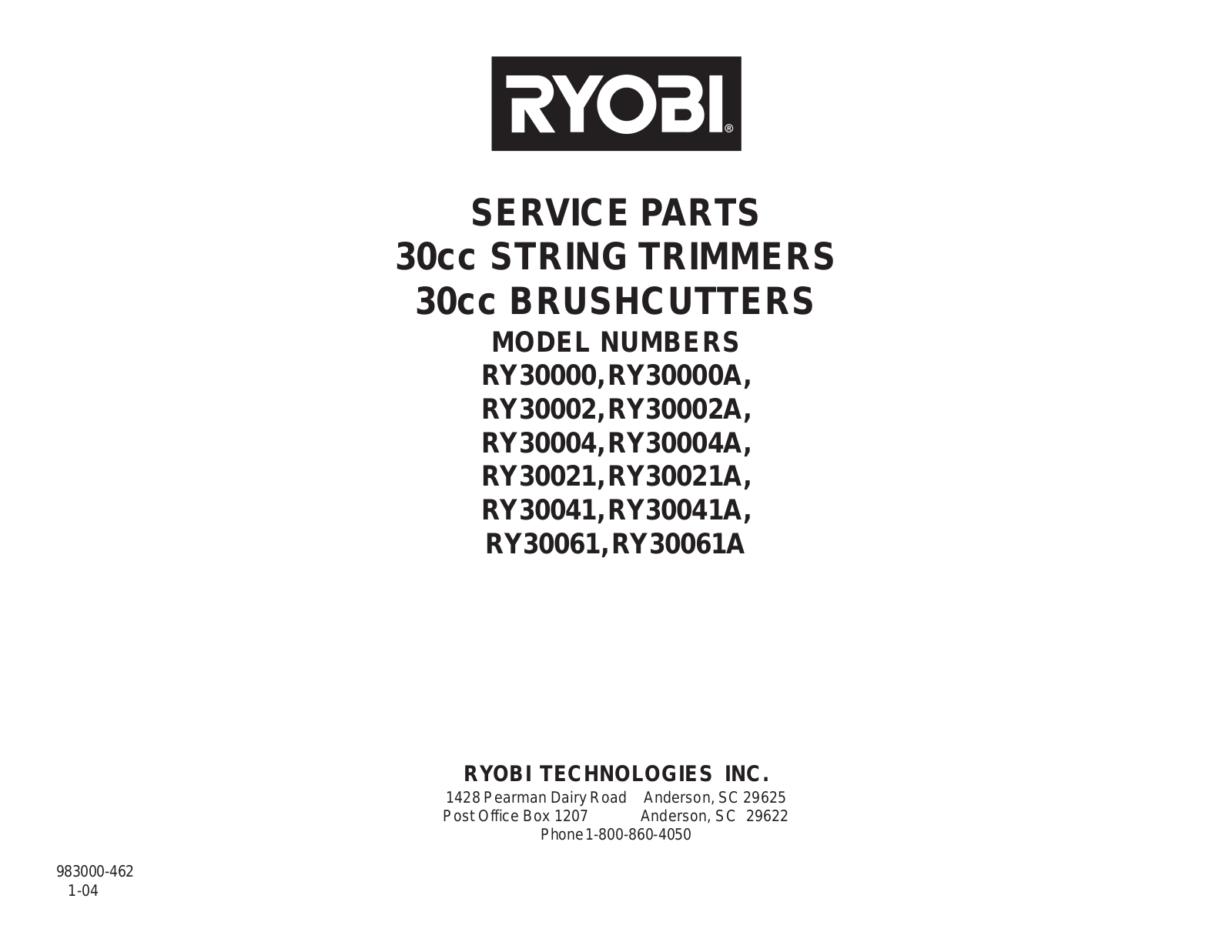 Ryobi RY30000, RY30000A, RY30002, RY30002A, RY30004 User Manual