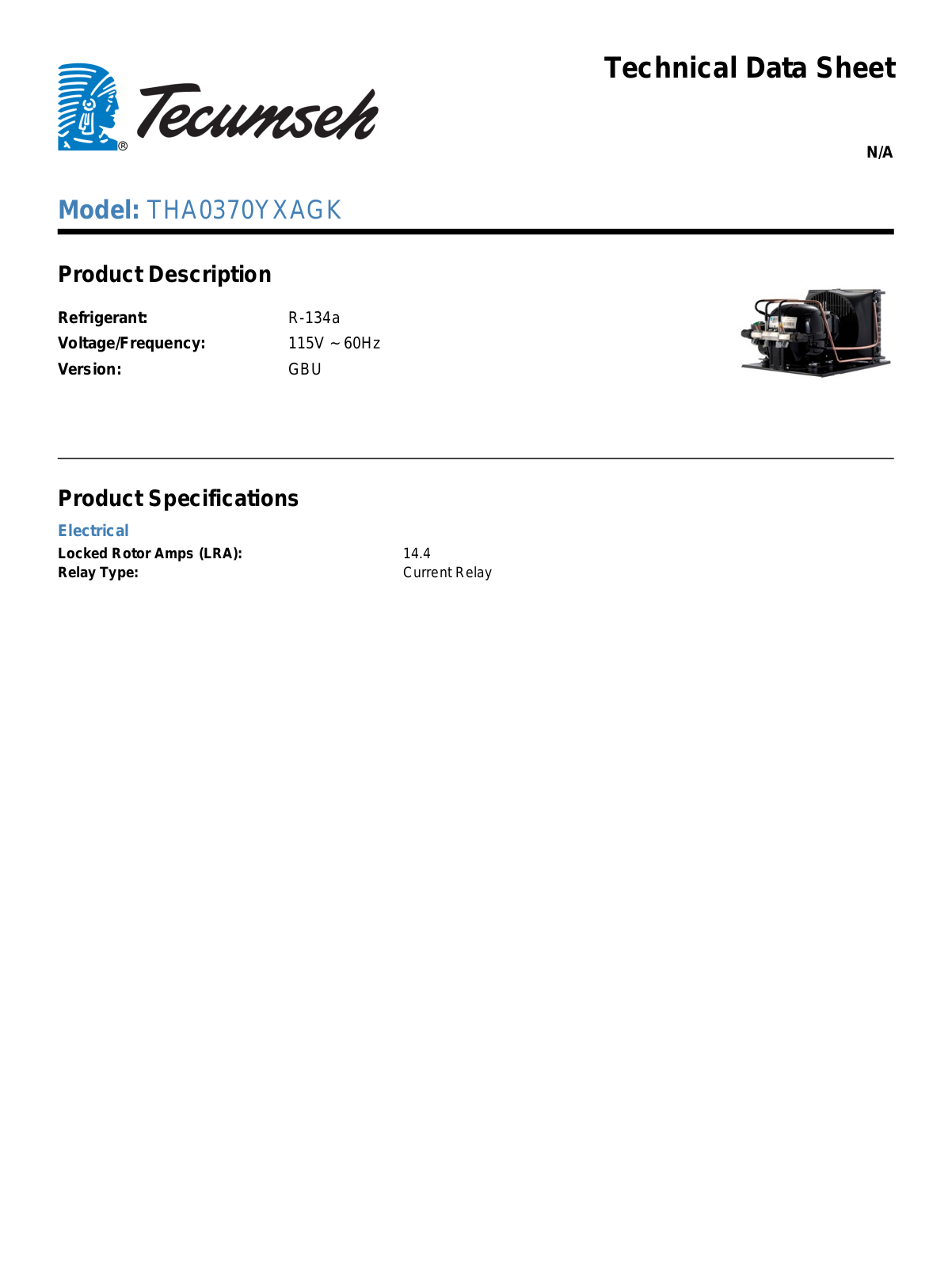 Tecumseh THA0370YXAGK Technical Data Sheet