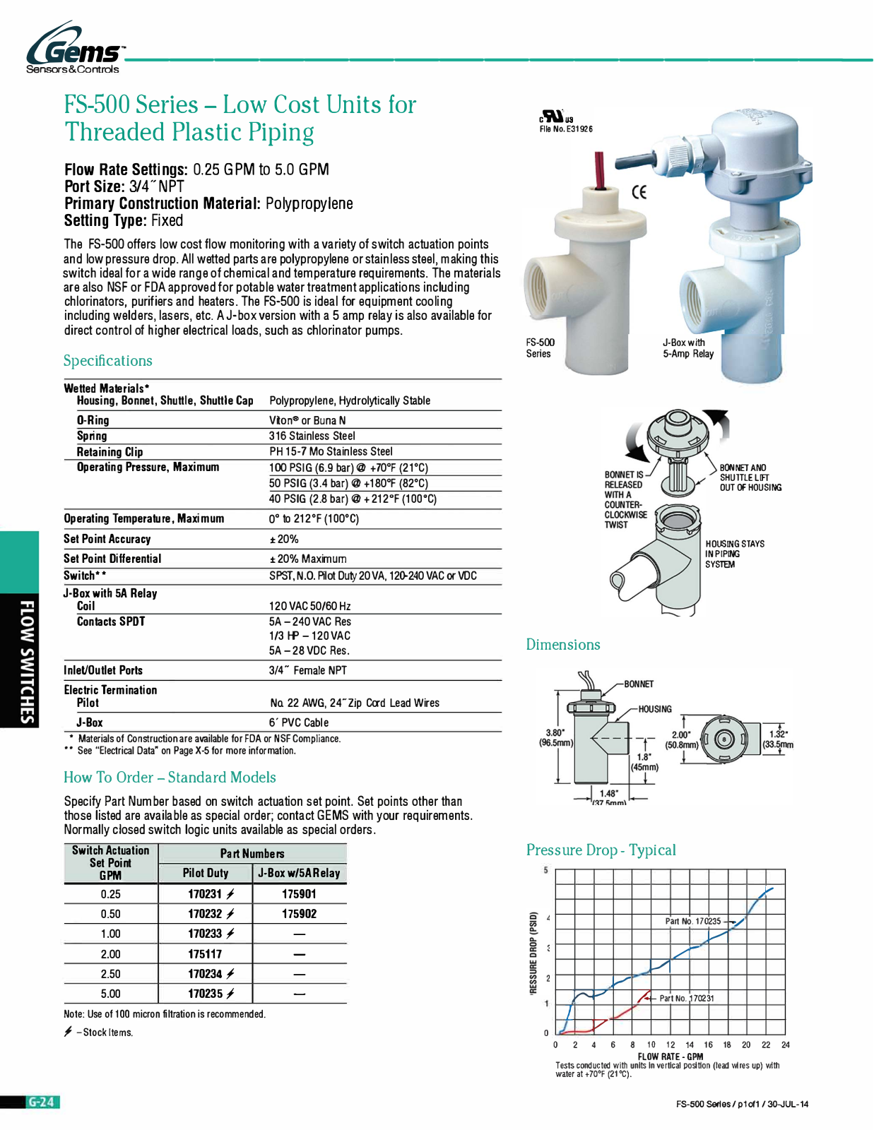 Gems Sensors & Controls FS-500 Series Catalog Page