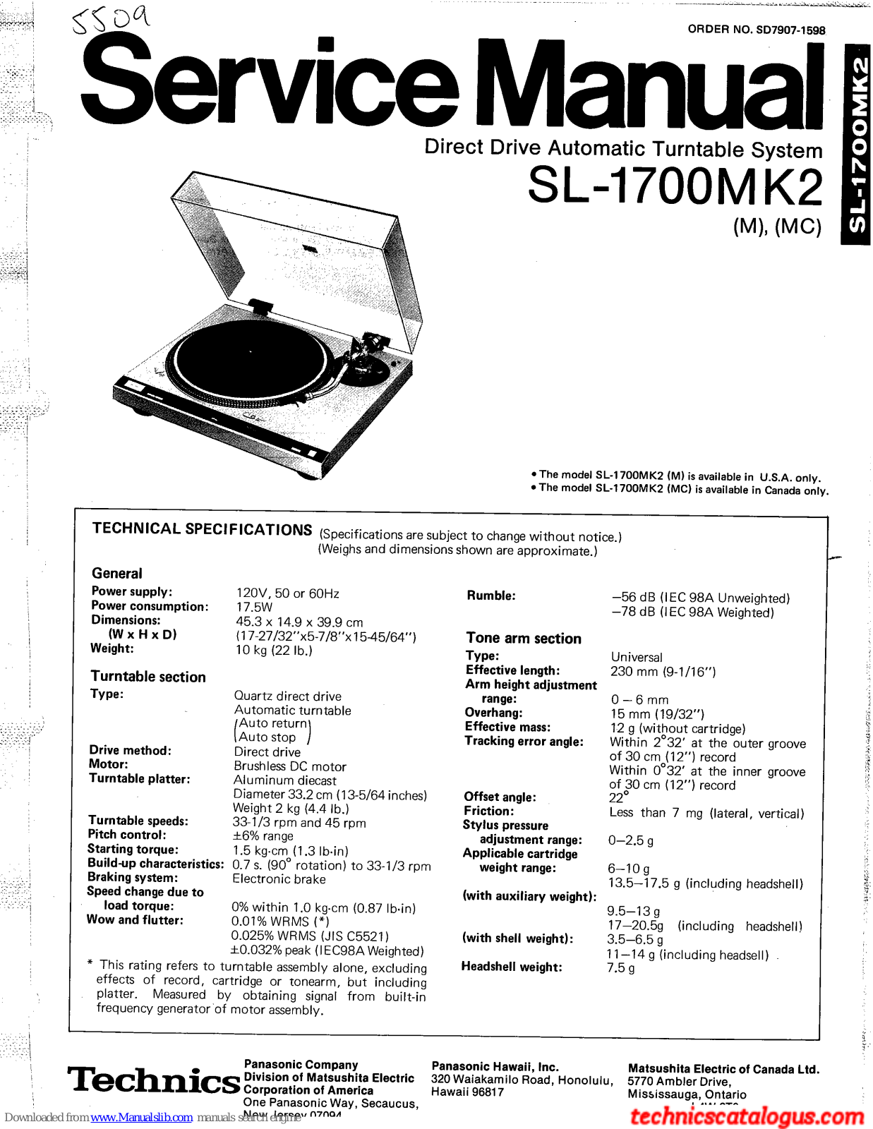 Technics SL-1700MK2 (M), SL-1700MK2 (MC) Service Manual