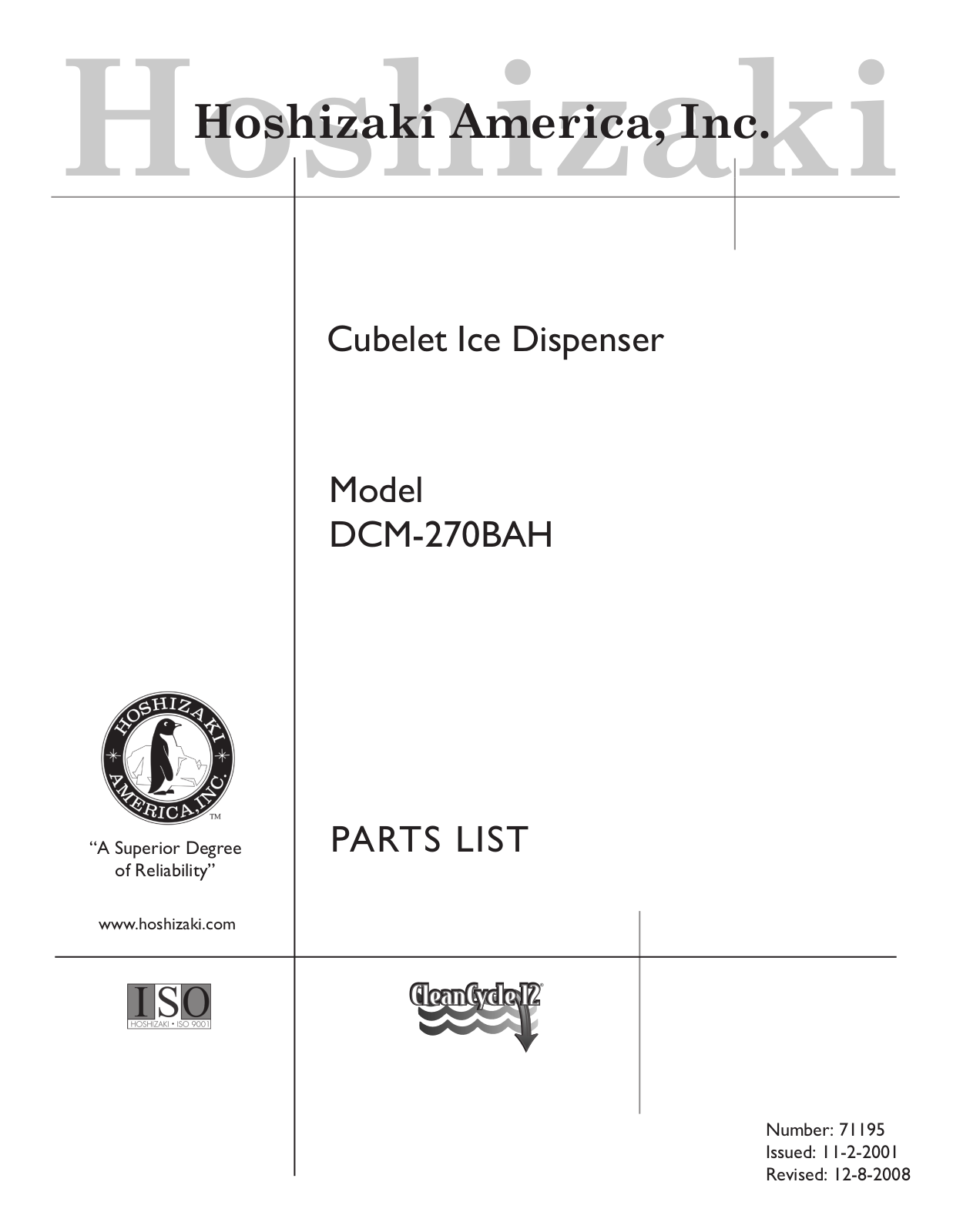 Hoshizaki American, Inc. DCM-270BAH Part Manual