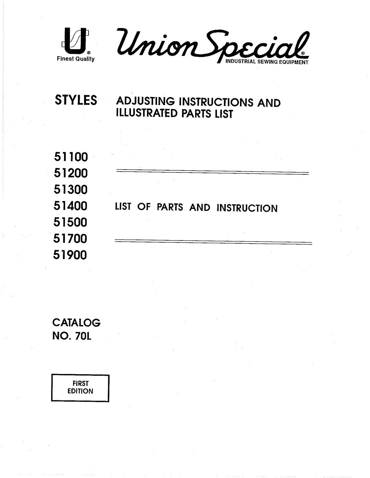 Union Special 51100A, 51100B, 51100C, 51100Z, 51200A Parts List