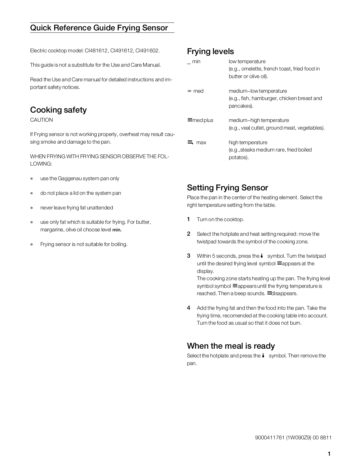 Gaggenau CI491612, GARECTWODW165 Quick Reference manual