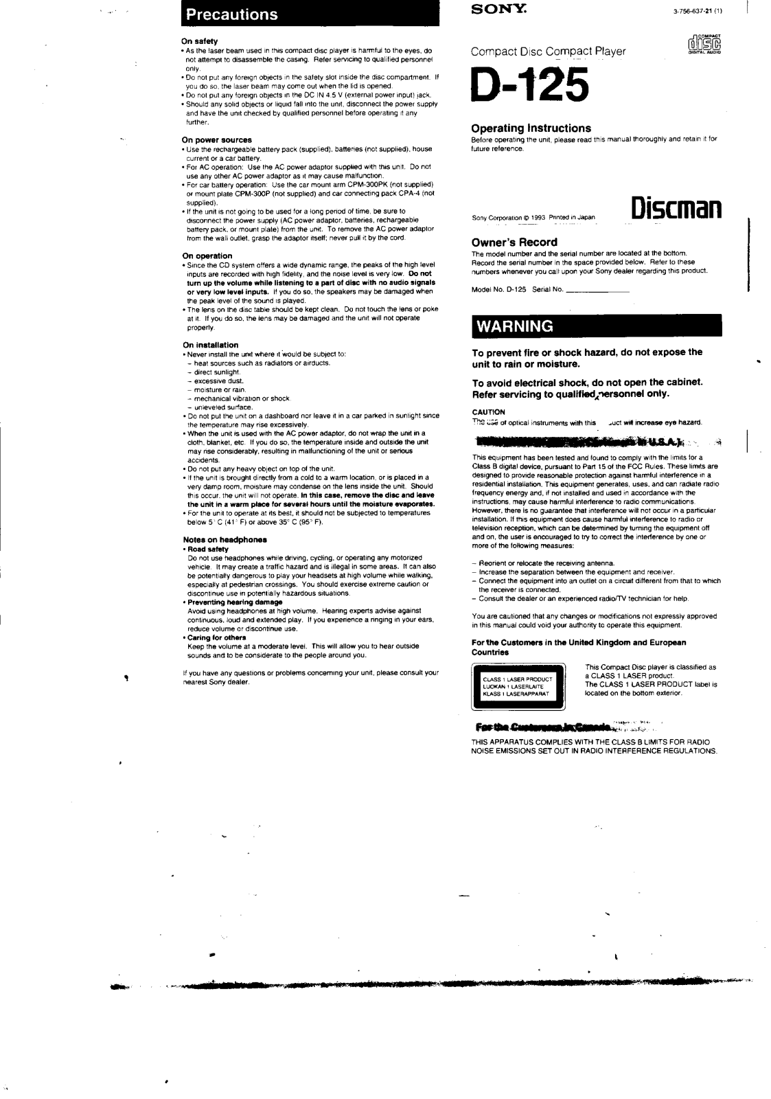 Sony D125 Operating Instructions