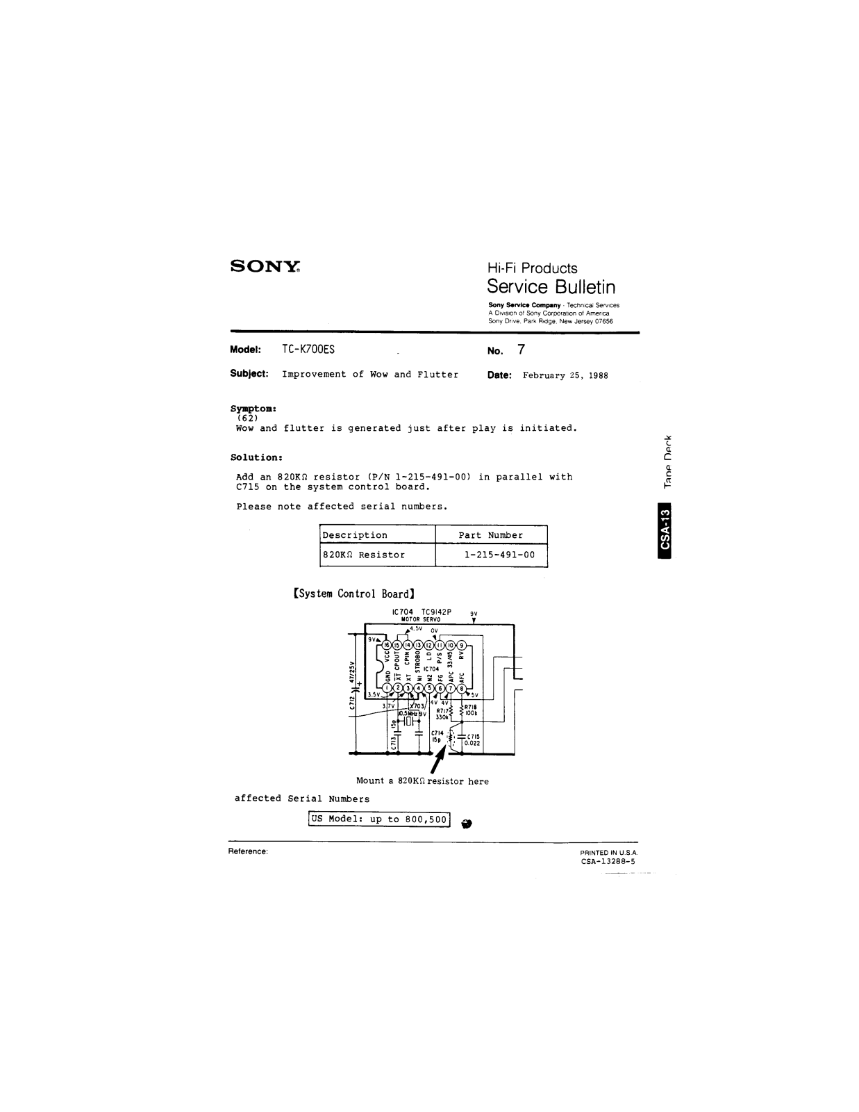 Sony tc k700es Service Bulletin