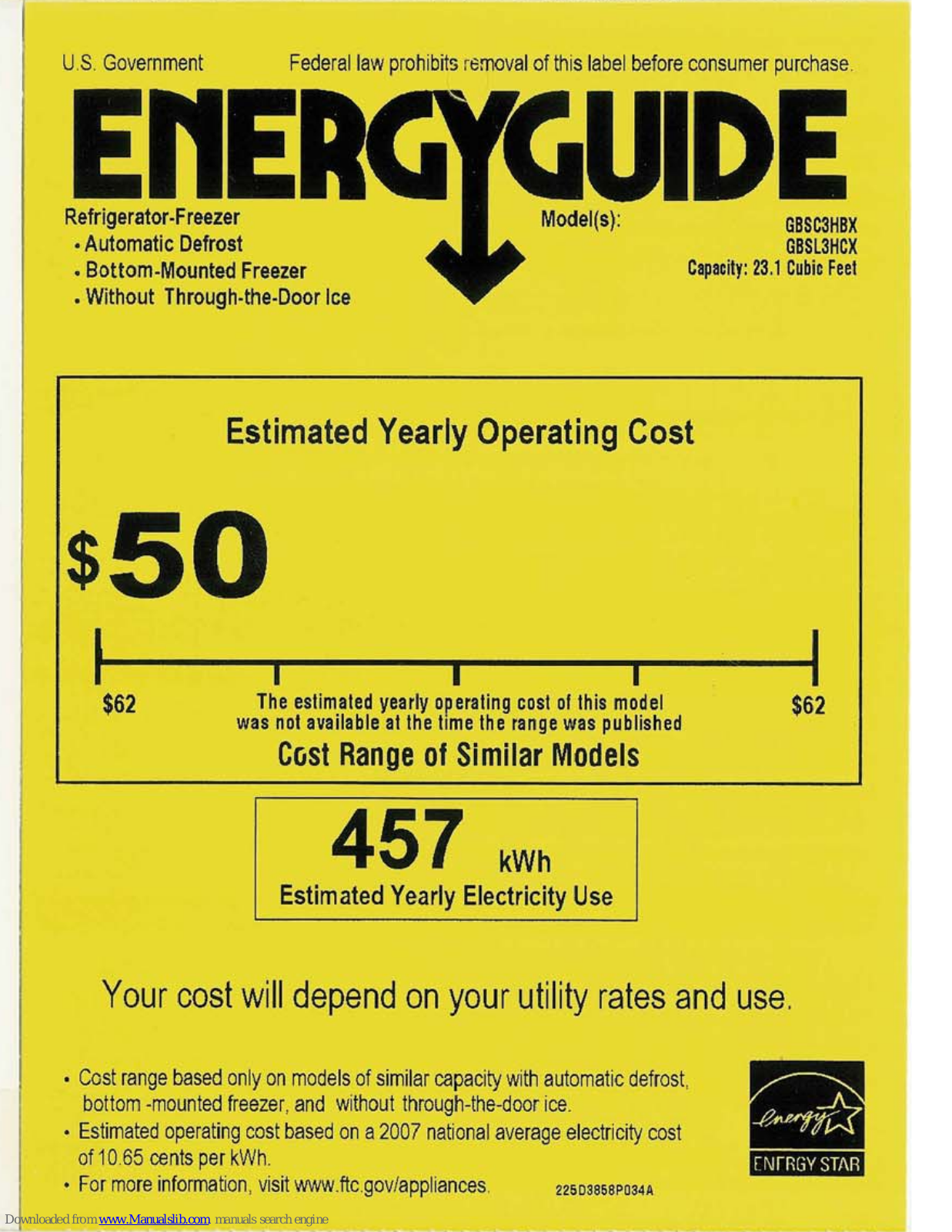 GE GBSC3HBXWW - 23.2 cu. Ft. Bottom-Freezer Refrigerator, GBSL3HCXLLS, GBSC3HBX, GBSL3HBX Energy Manual