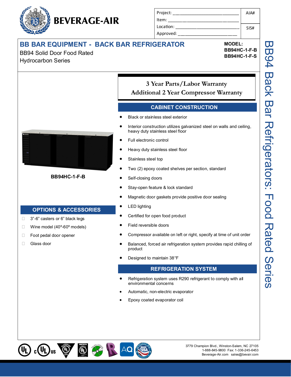 Beverage-Air BB94HC1FB, BB94HC1FS Specifications