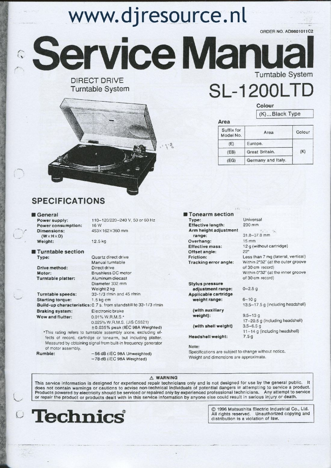 Technics SL-1200-LTD, SL-1200-STD, SL-12000STD Service manual