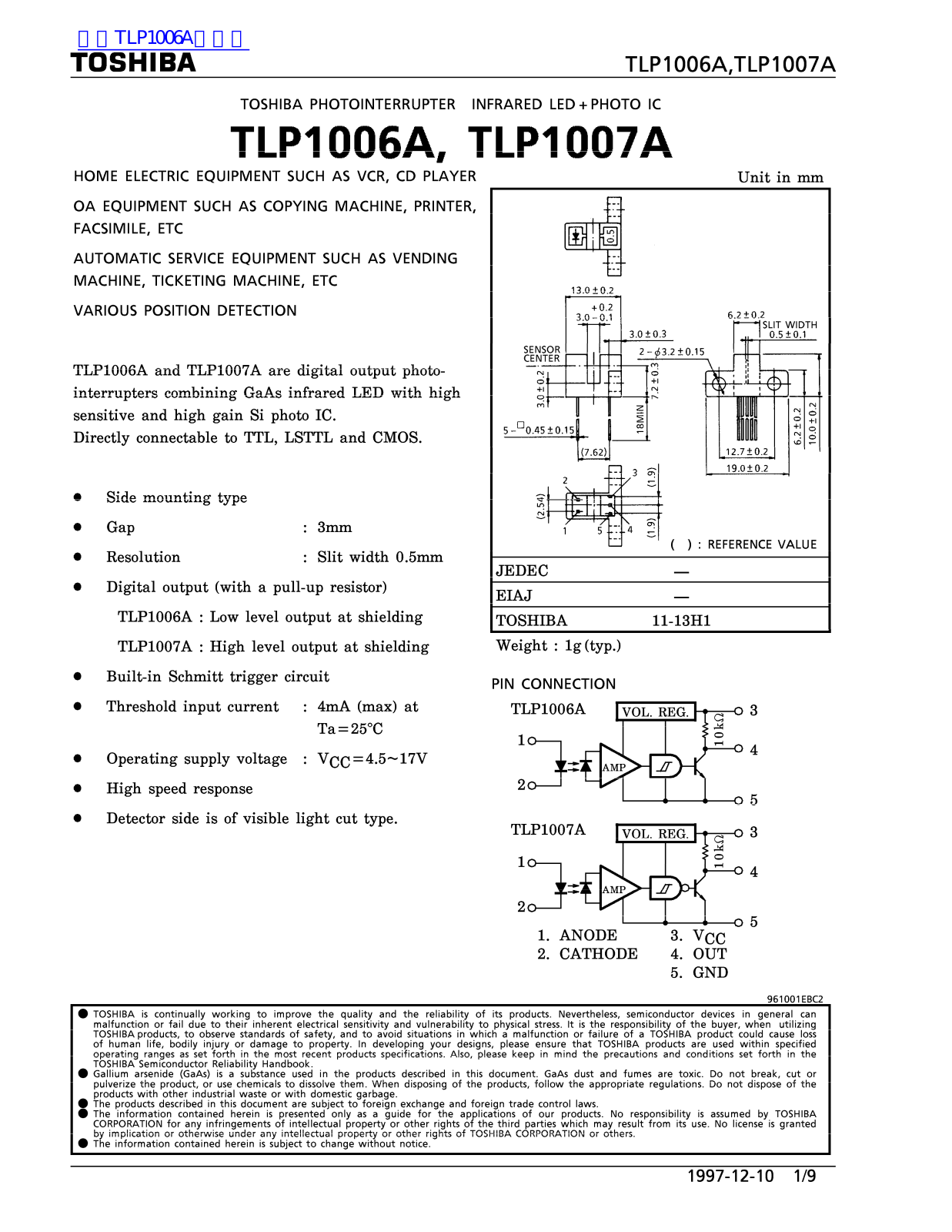 TOSHIBA TLP1006A, TLP1007A Technical data