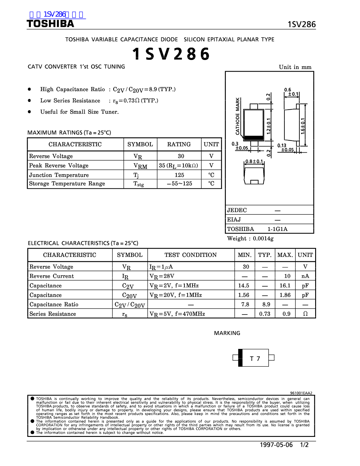 TOSHIBA 1SV286 Technical data