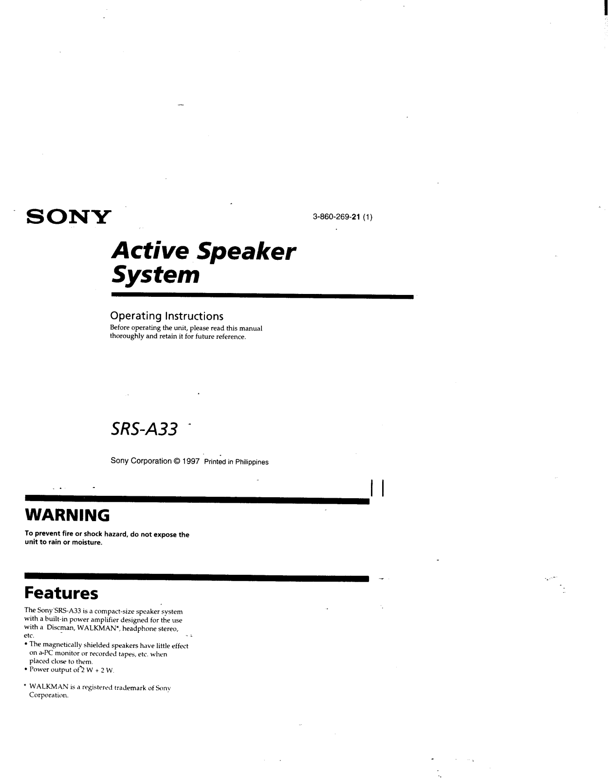 Sony SRSA33 User Manual