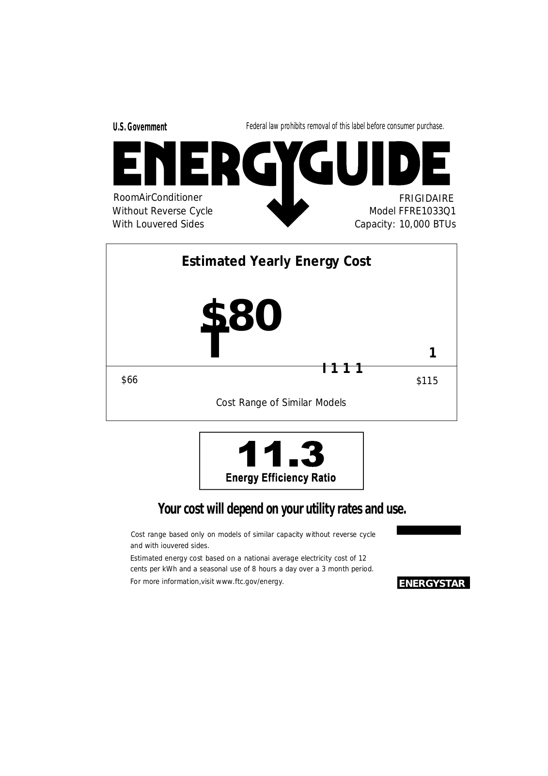 FRIGIDAIRE FFRE1033Q1 User Manual