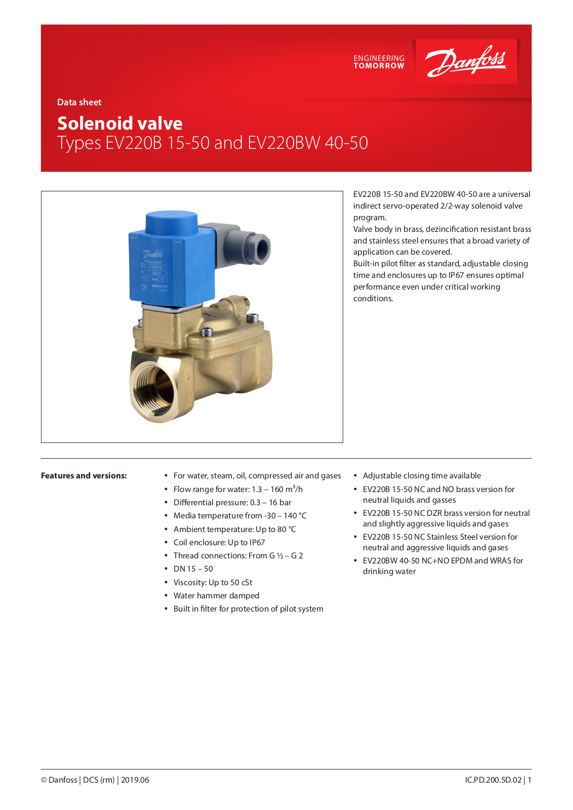 Danfoss Electronics EV220B 15B, EV220B 20B, EV220B 25B, EV220B 32B, EV220B 40B Data Sheet