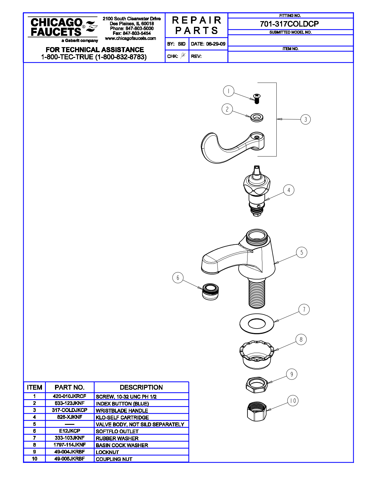 Chicago Faucet 701-317COLDCP Parts List