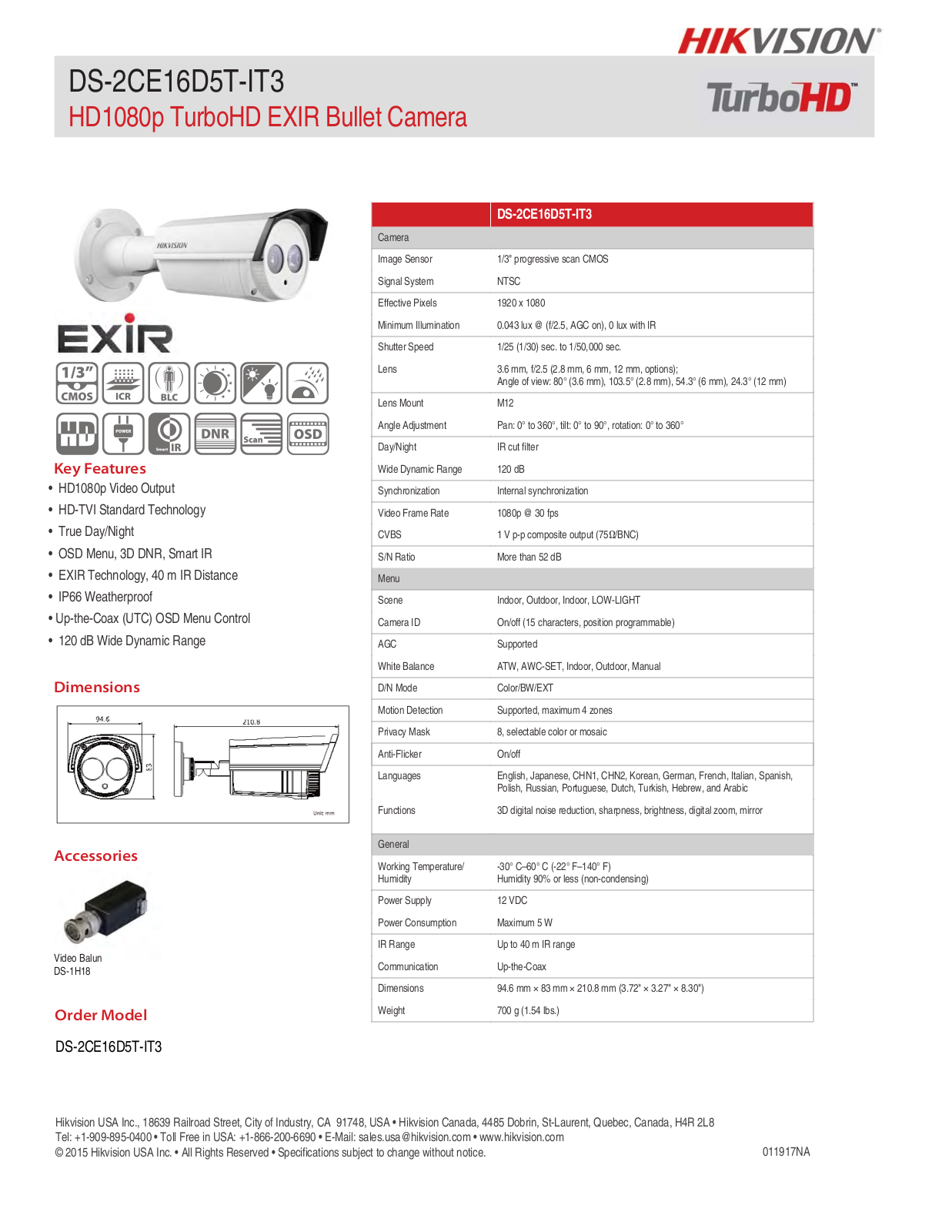 Hikvision DS-2CE16D5T-IT3 3.6MM, DS-2CE16D5T-IT3-12MM, DS-2CE16D5T-IT3-2.8MM, DS-2CE16D5T-IT3-3, DS-2CE16D5T-IT3-6MM Specsheet