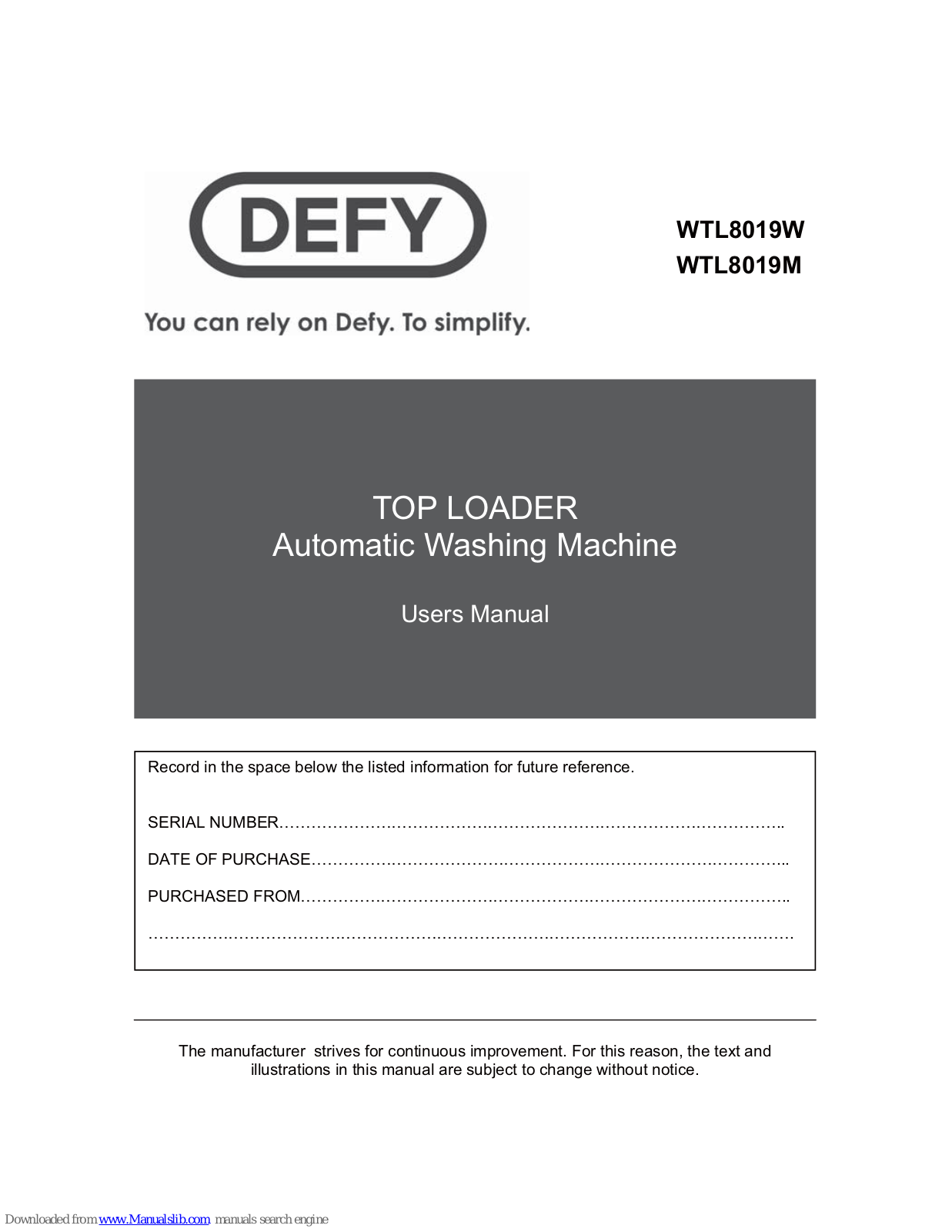 Defy WTL8019M, WTL 13019 W, WTL 13019 M User Manual