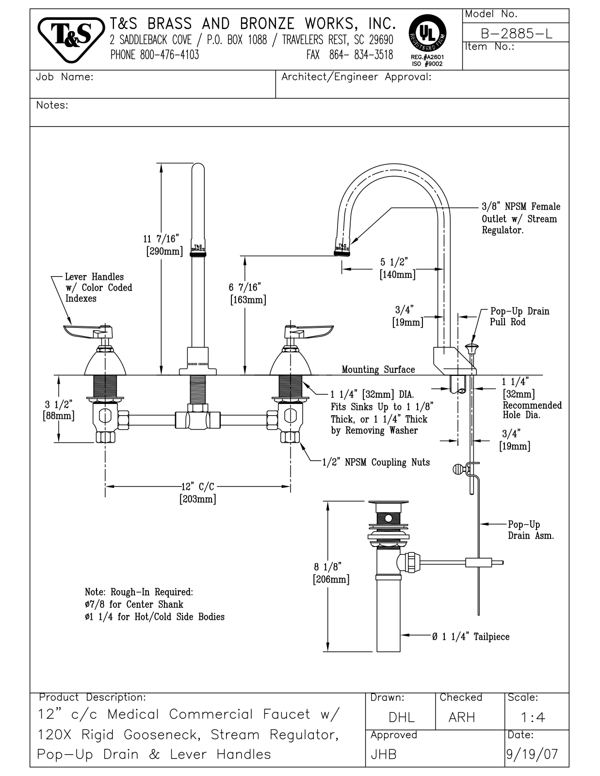 T&S Brass B-2885-L User Manual