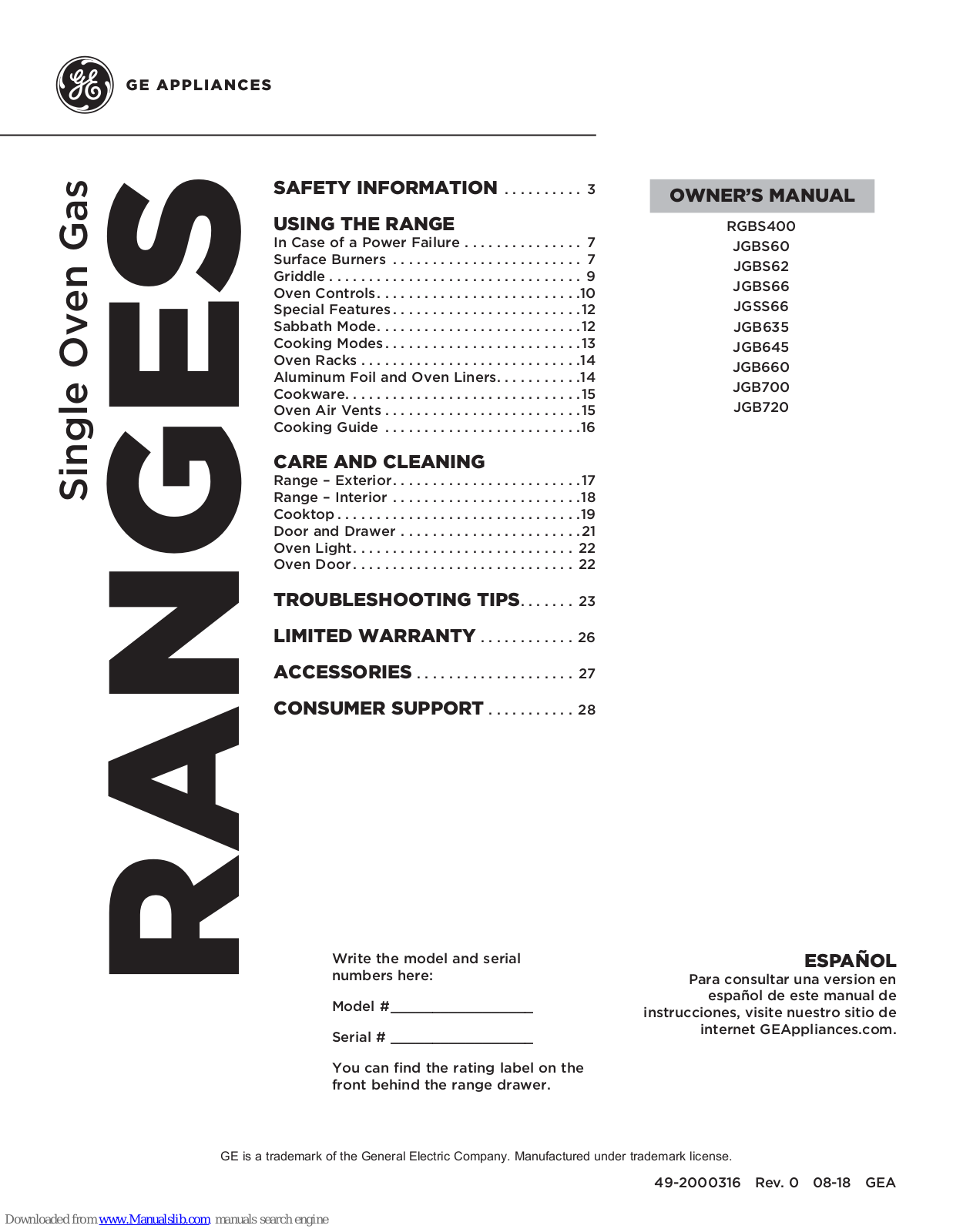 GE RGBS400, JGBS62, JGB635, JGBS60, JGB645 Owner's Manual