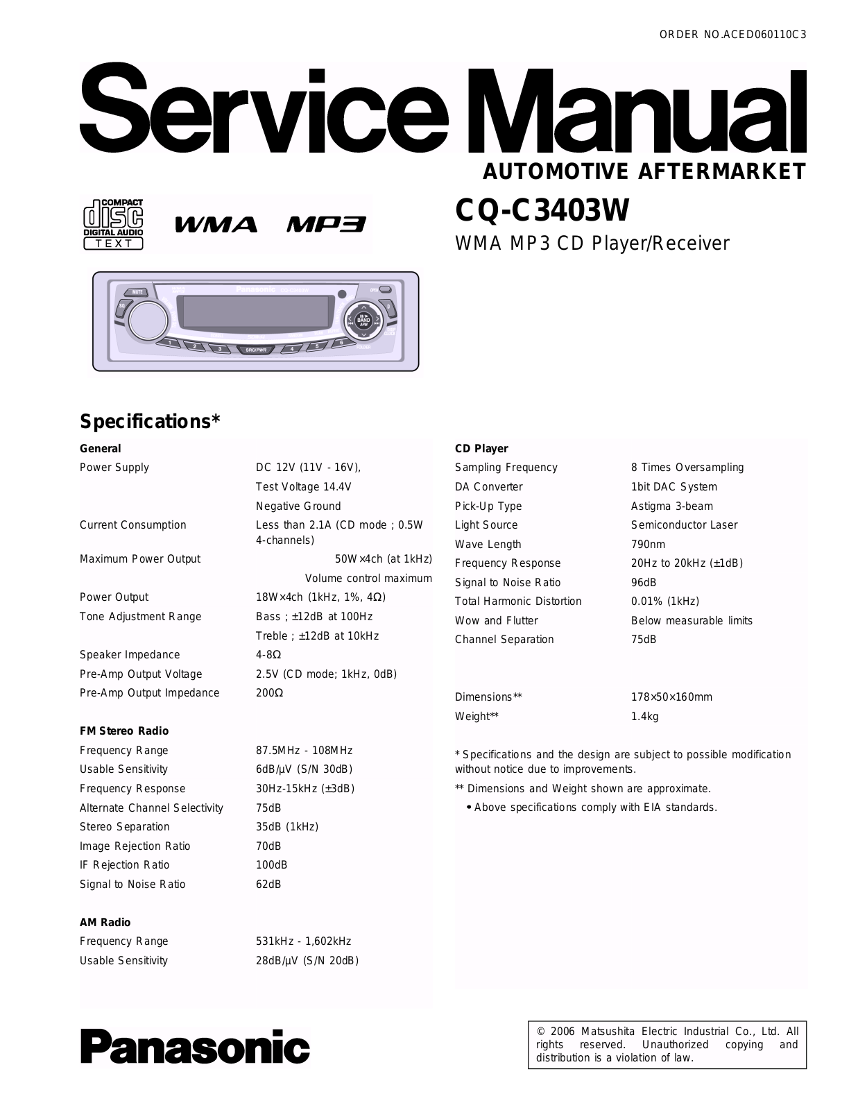 Panasonic CQC-3403-W Service manual