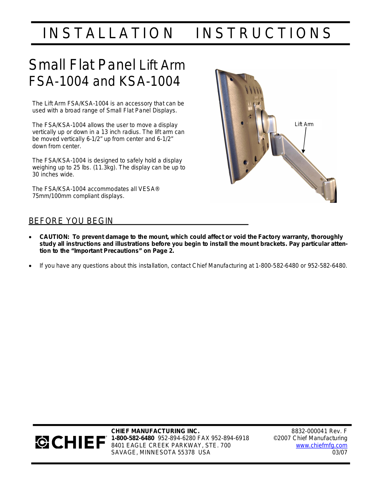 Chief Manufacturing FSA-1004, KSA-1004 User Manual