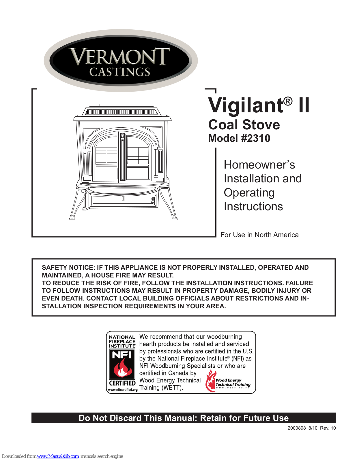 Vermont Castings Vigilant II 2310 Homeowner's Installation And Operating Instructions Manual