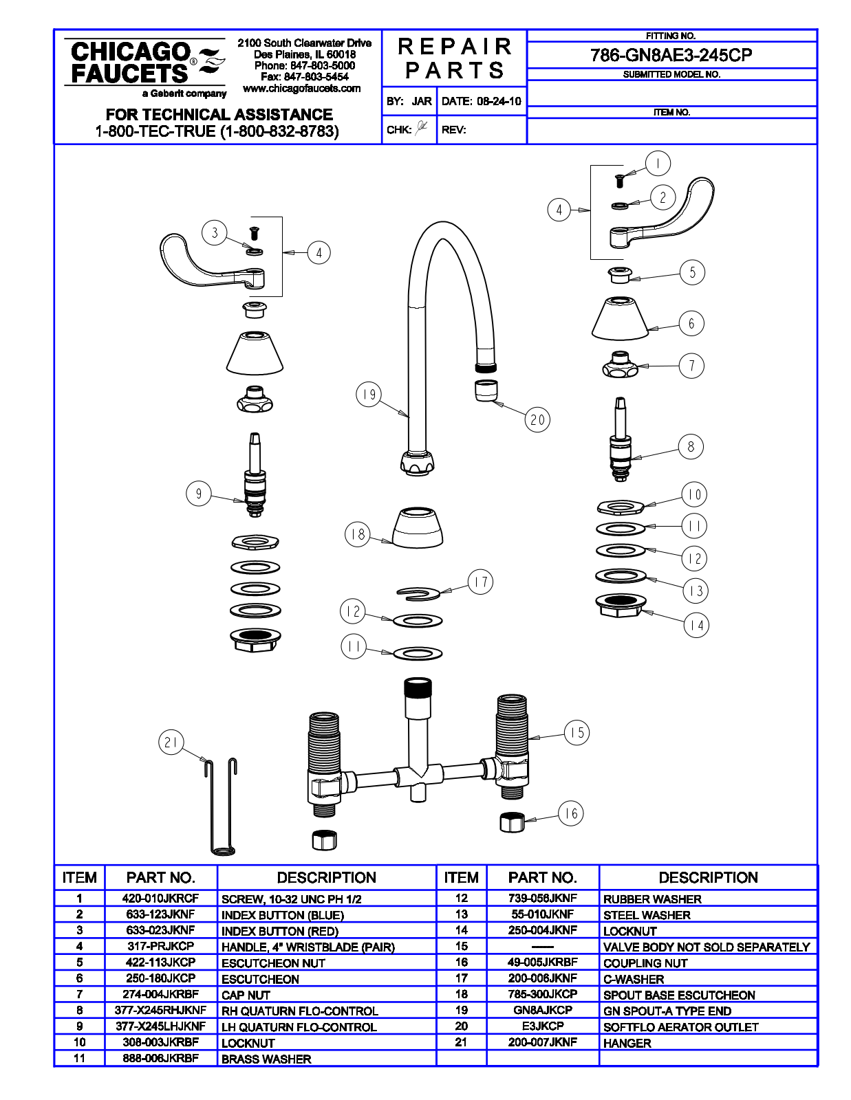 Chicago Faucet 786-GN8AE3-245 Parts List