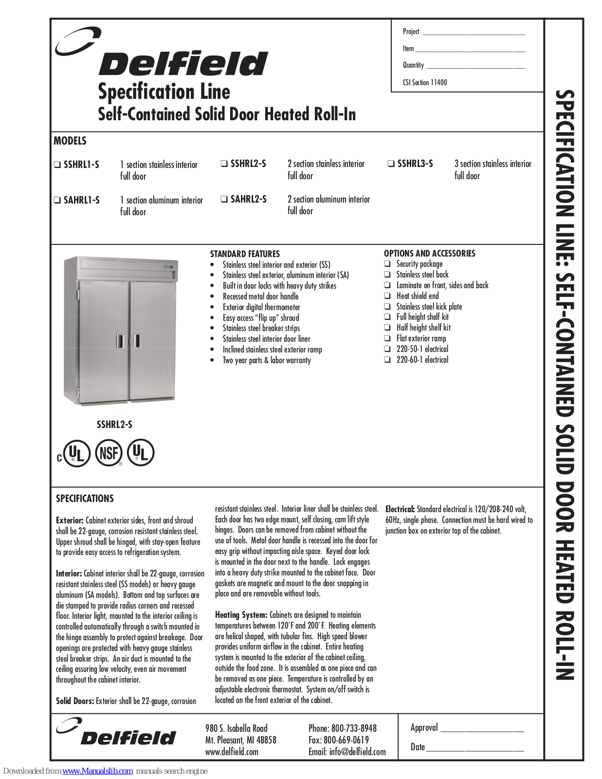 Delfield SAHRL1-S, SAHRL2-S, SSHRL1-S, SSHRL2-S, SSHRL3-S Specifications