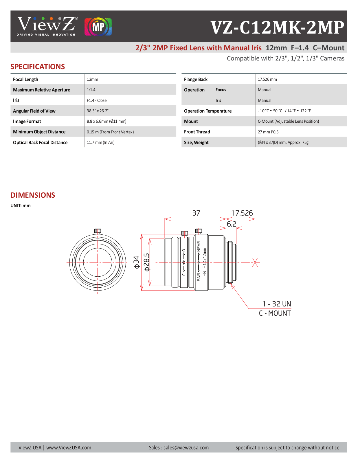 ViewZ VZ-C12MK-2MP Specsheet