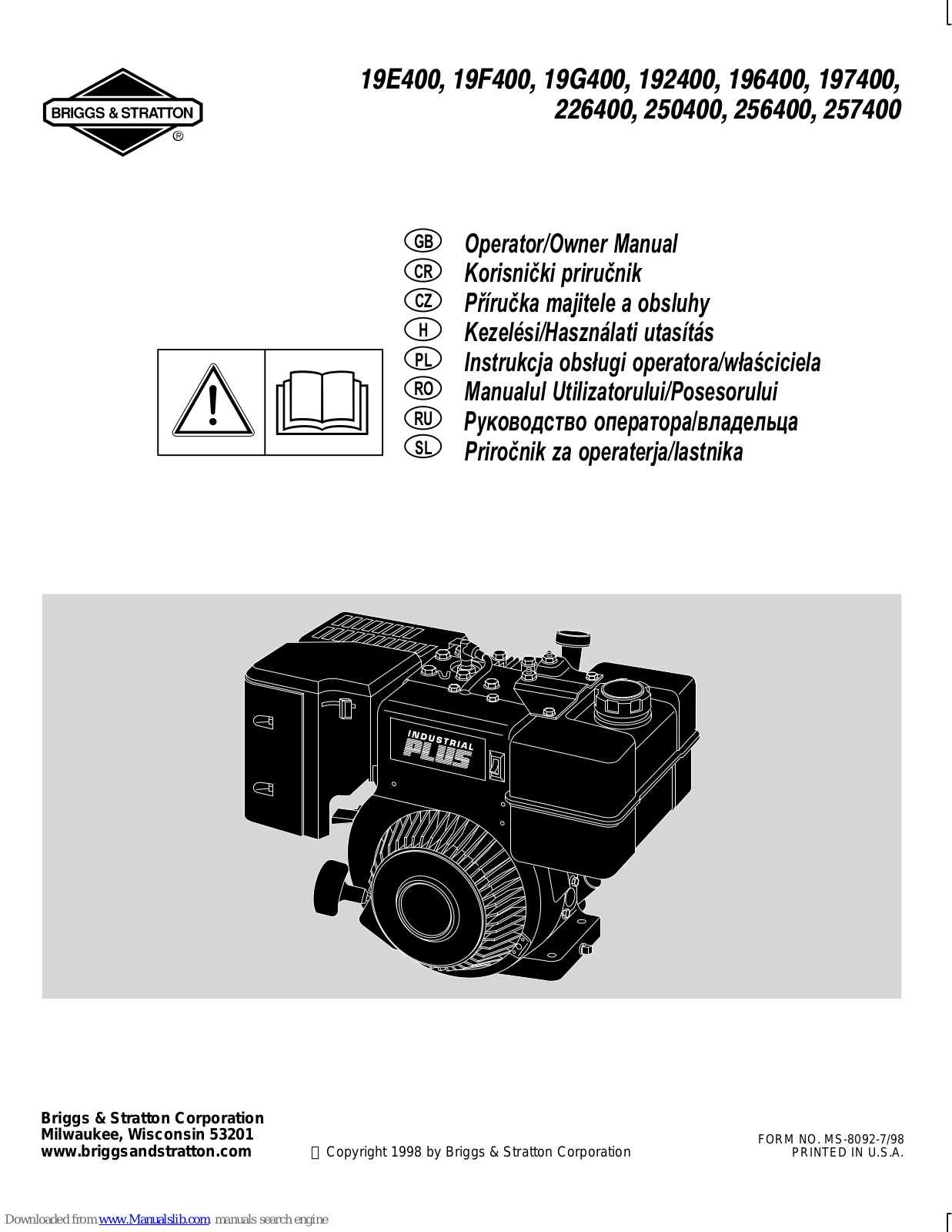 Briggs & Stratton 19E400, 192400, 19G400, 19F400, 196400 Operator Owner's Manual