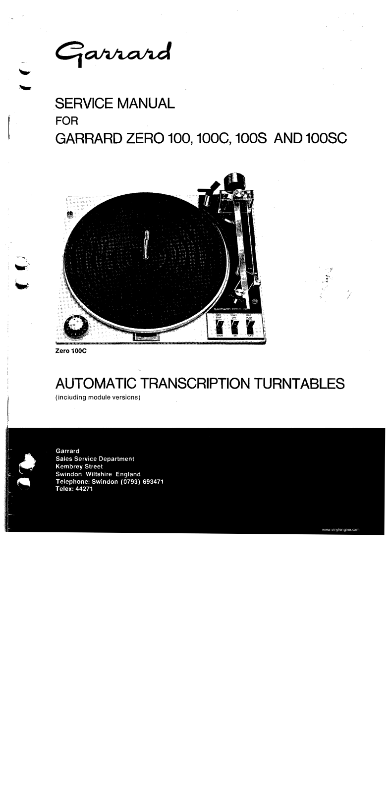 Garrard ZERO 100, ZERO 100SC, ZERO 100C, ZERO 100S Service Manual