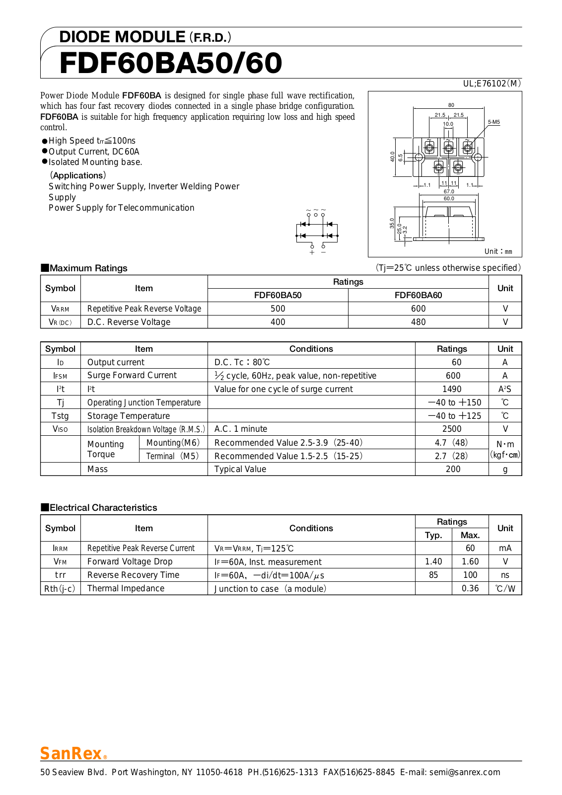 Sanrex-Sansha Electric Manufacturing FDF60BA50, FDF60BA60 Data Sheet