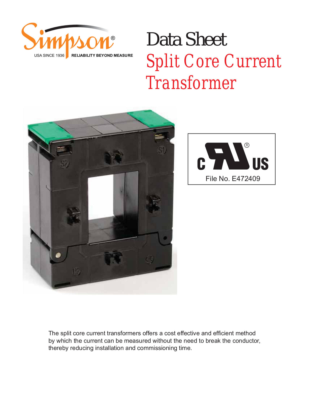 Simpson Electric Split Core Current Transformer Data Sheet