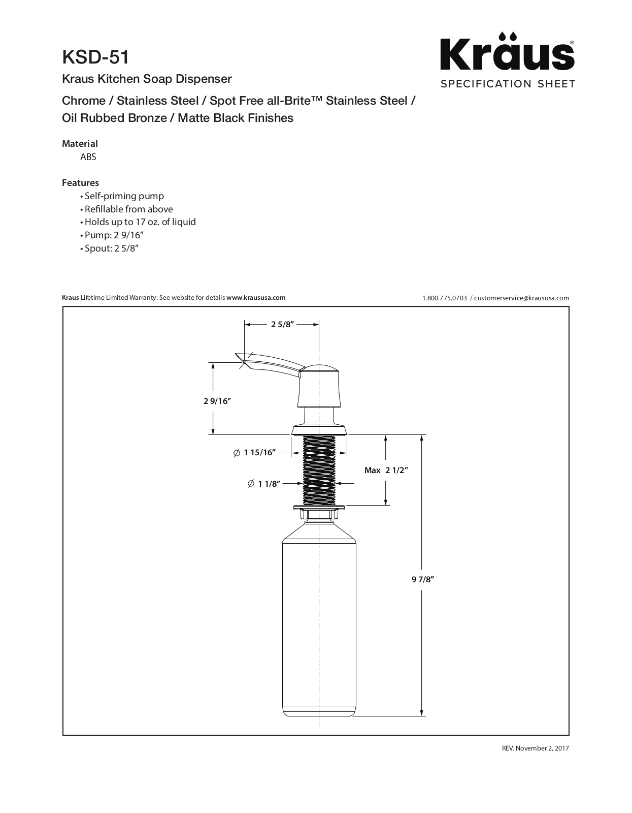 Kraus KSD51SS Specs