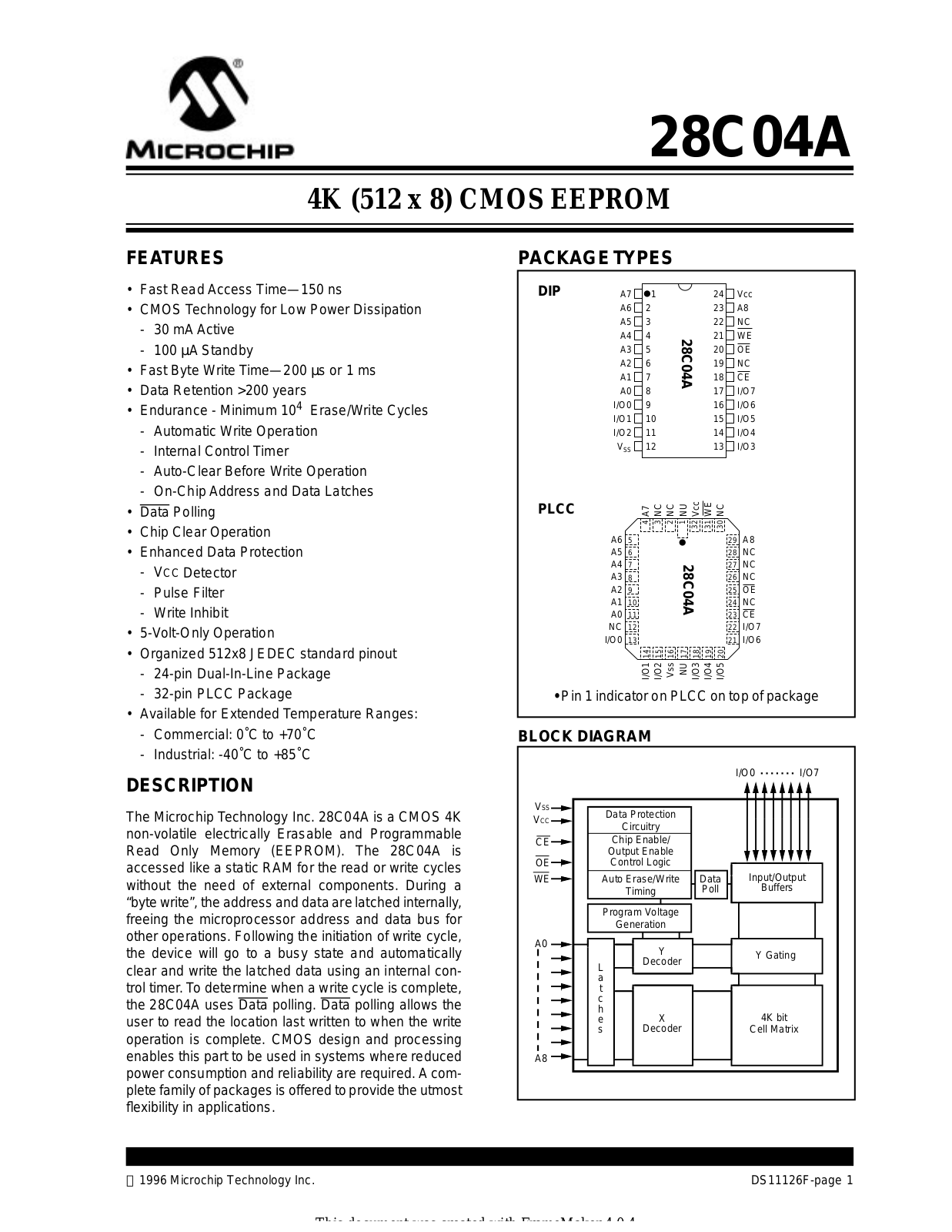 Microchip Technology Inc 28C04AFT-15-L, 28C04AF-25I-P, 28C04AF-25I-L, 28C04AF-25-P, 28C04AF-25-L Datasheet