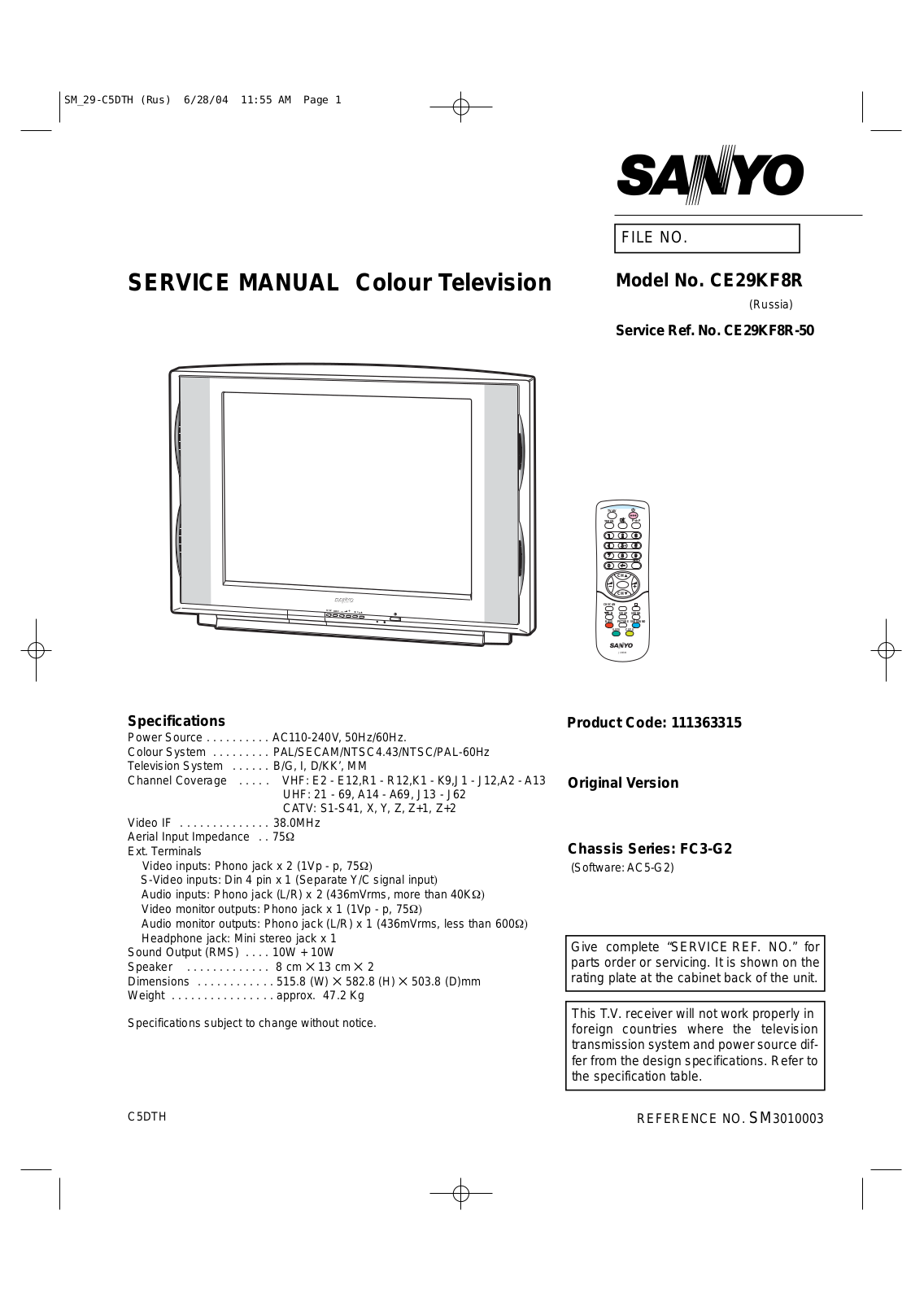 SANYO CE29KF8R Service Manual