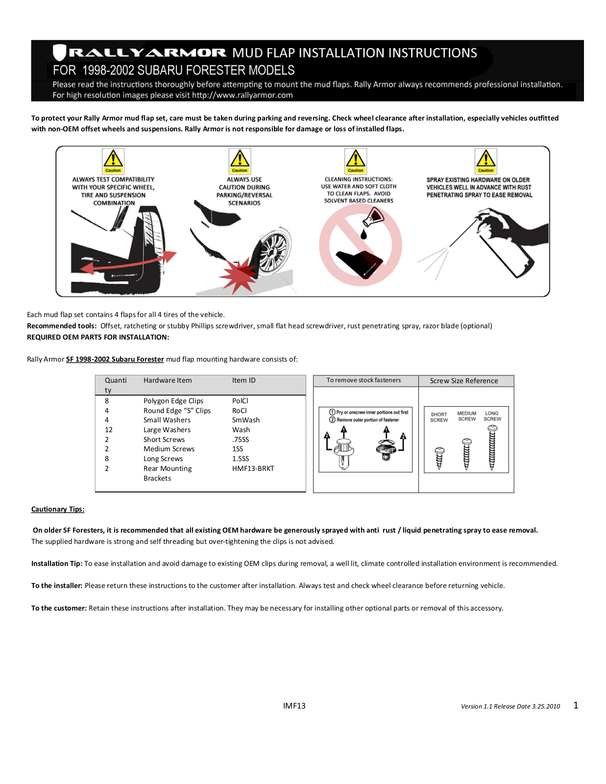 Rally Armor 98 to 02 Subaru Forester User Manual