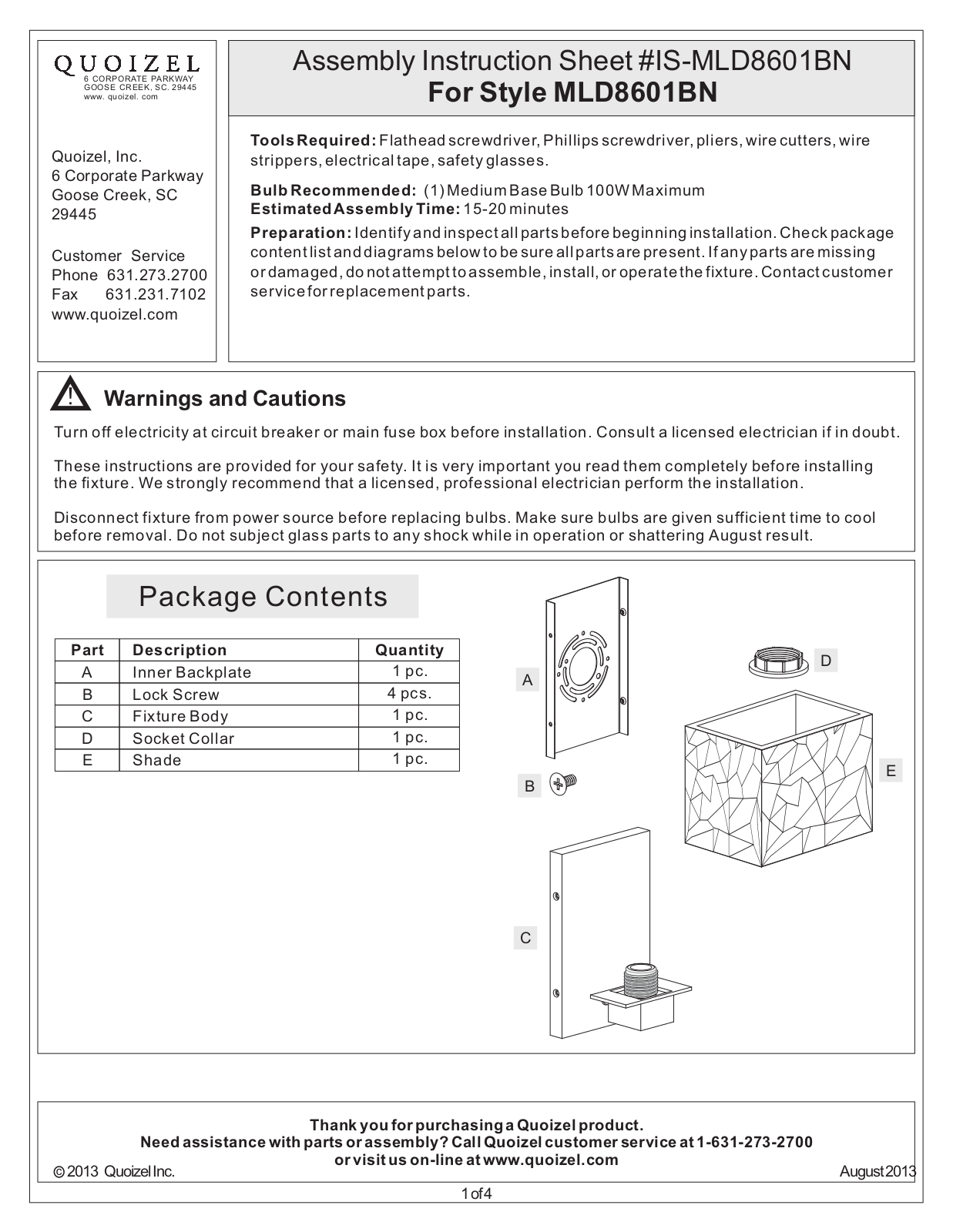 Quoizel MLD8601BN User Manual