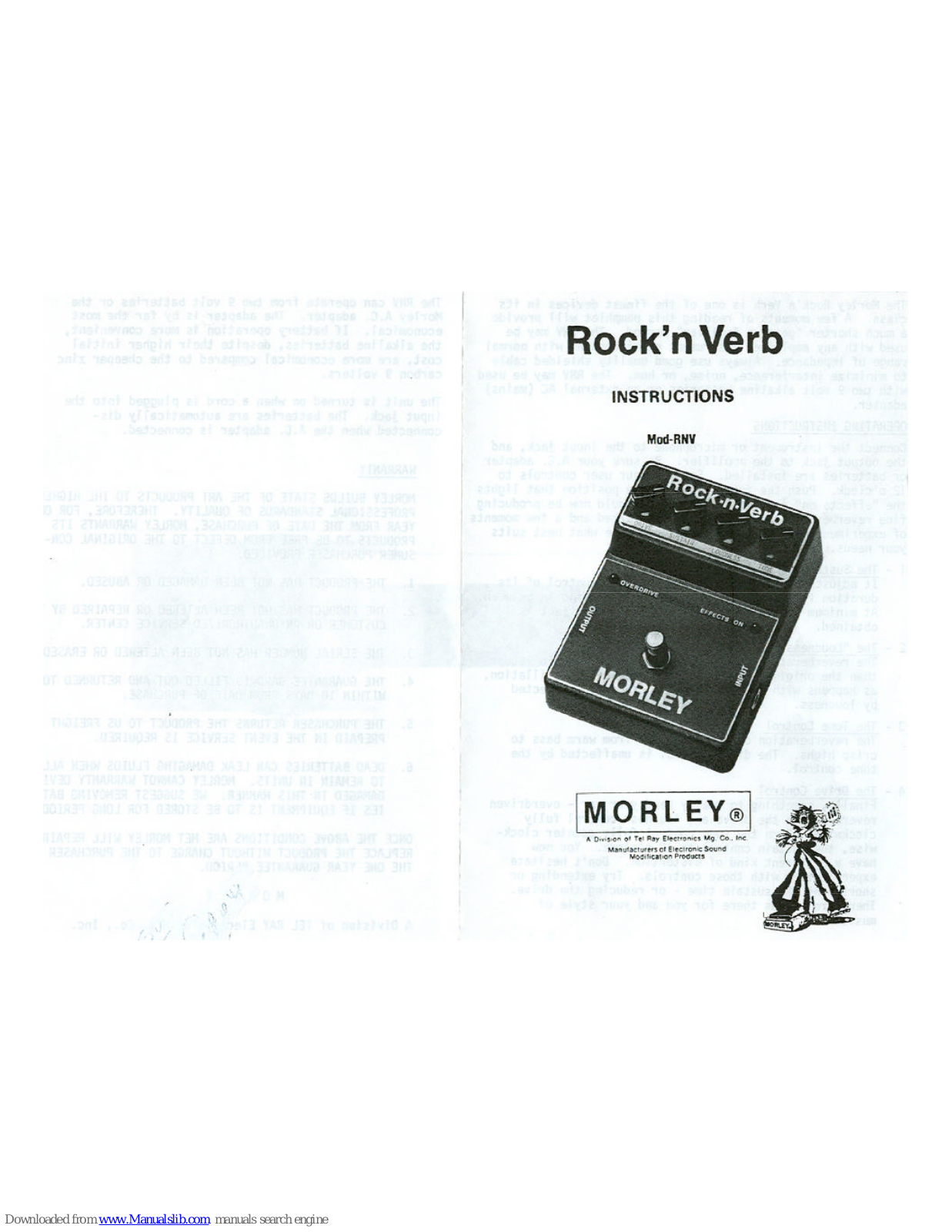 MORLEY PEDALS RNV1, RNV, Rock'n Verb' Instructions Manual