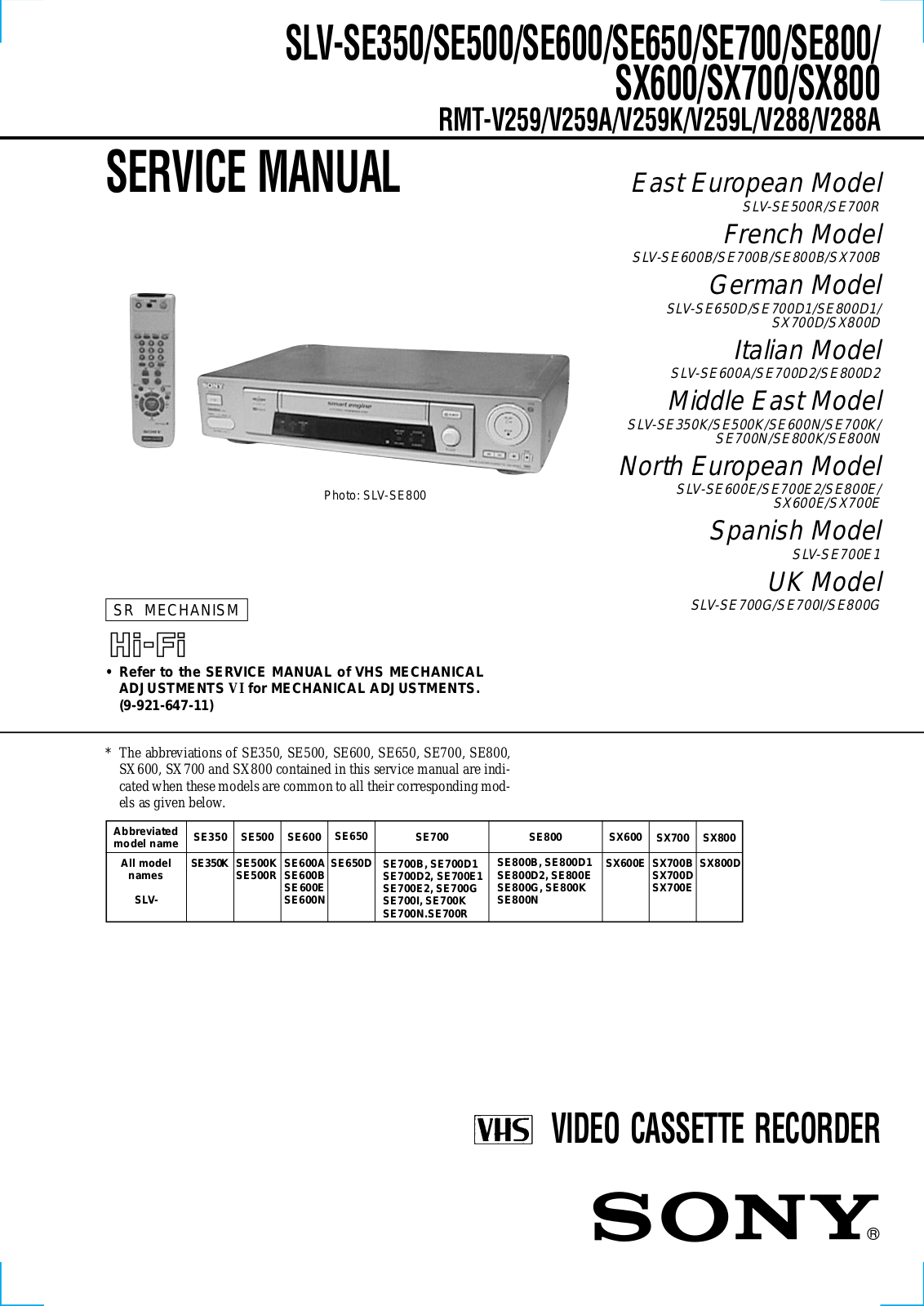 Sony SLV-SE350, SLV-SE500, SLV-SE600, SLV-SE650, SLV-SE700 Service manual