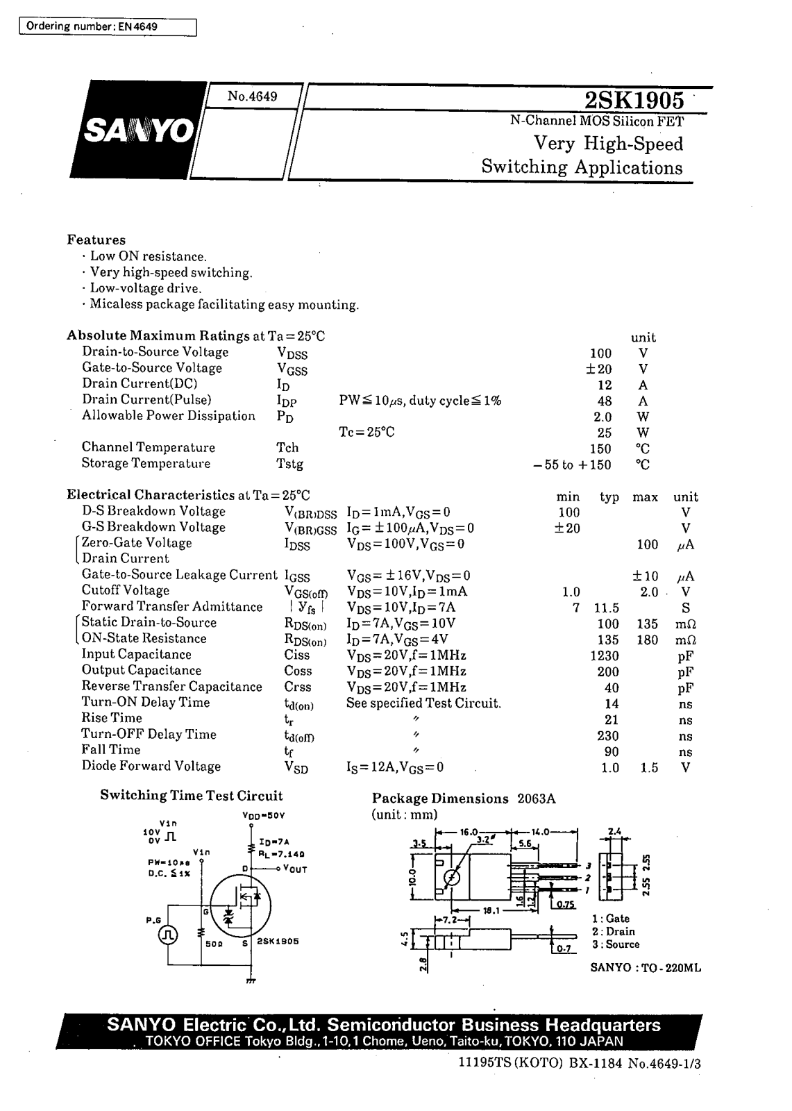 SANYO 2SK1905 Datasheet