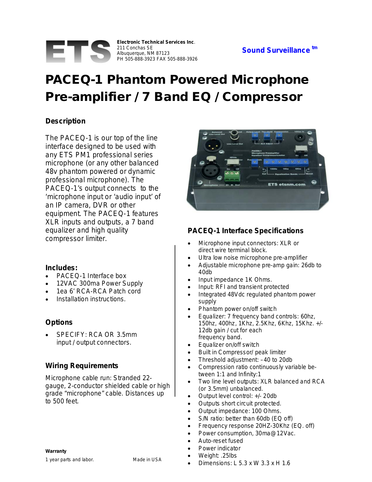 ETS PACEQ-1 Specsheet