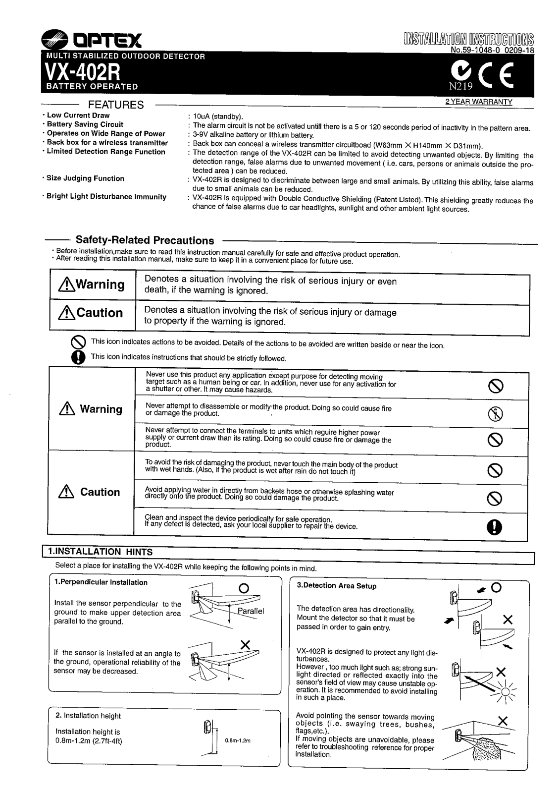 Optex VX-402R, VX-402Ri Installation