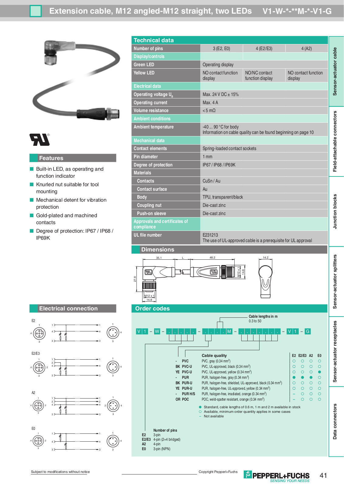 Pepperl Fuchs V1-W-E2-BK7.5M-PUR-U-V1-G Data Sheet