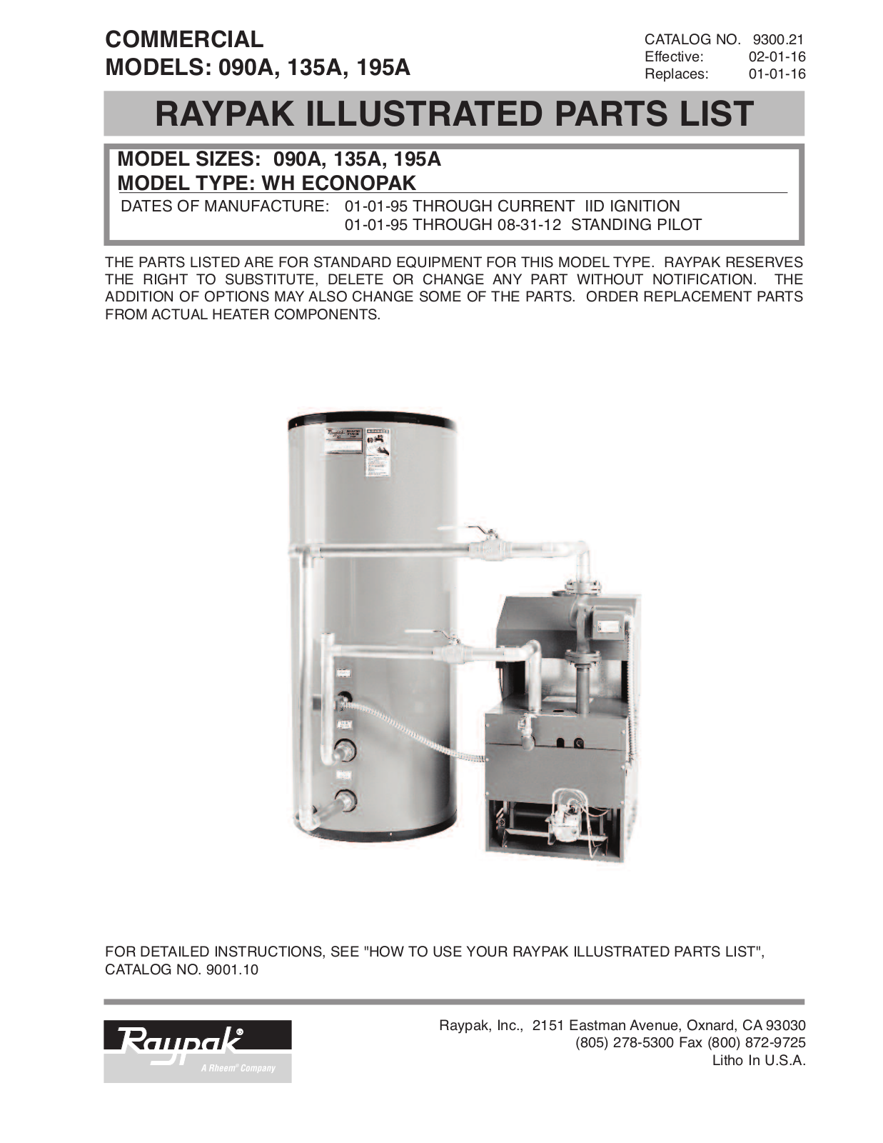 Raypak WH-090A Parts List