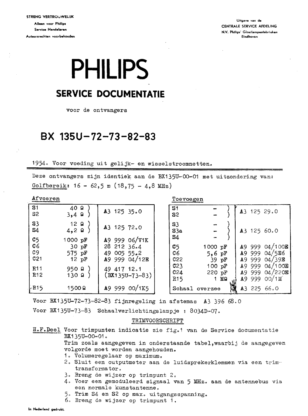 Philips BX135U-72-73-82-83 Schematic