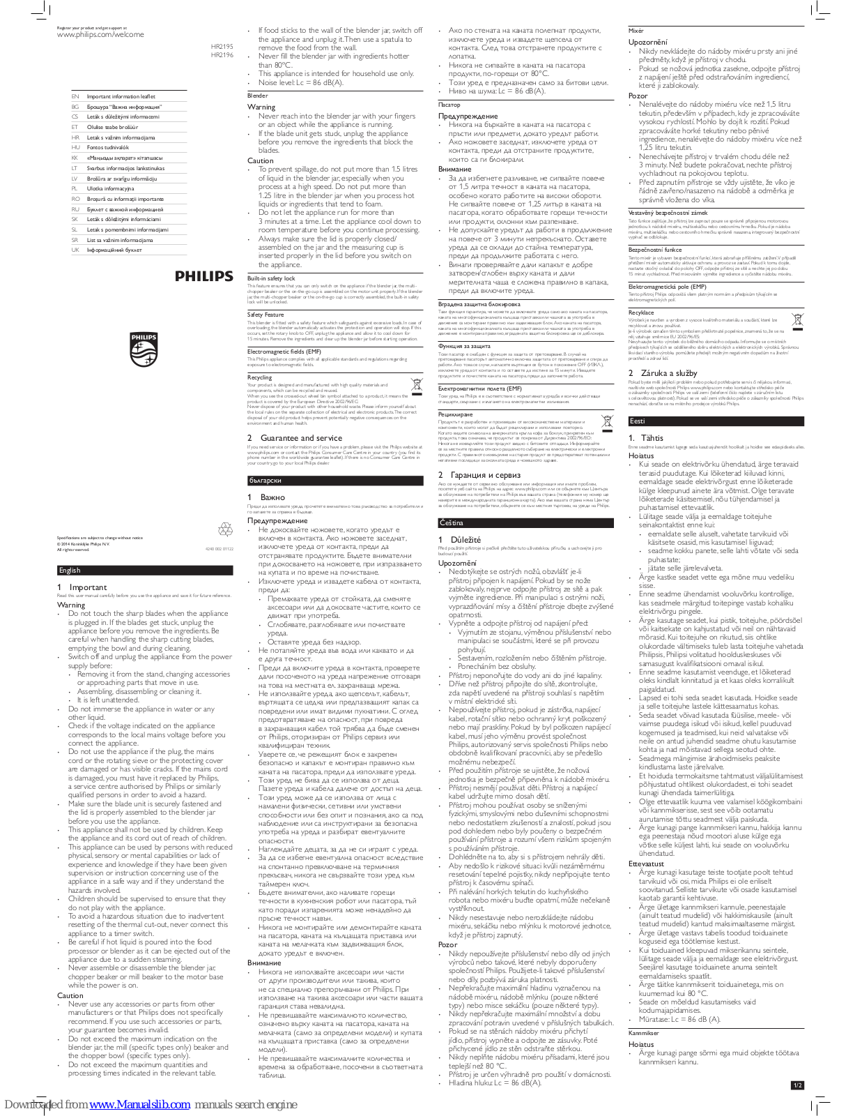 Philips HR2196 Important Information Leaflet